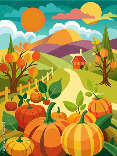 Autumnal landscape with vibrant orange pumpkins adorning the foreground against a picturesque backdrop of rolling hills and clear skies.