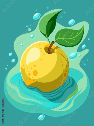 A quince fruit floats in water, its smooth skin and golden hues creating a serene and picturesque image.