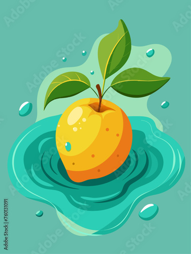 Quince fruit rests in a pool of water with a blurred background.