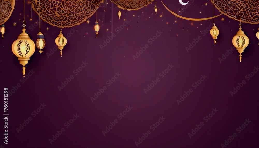eid and ramadan islamic greeting card of crescent moon decoration and lanterns with copy space area banner created with generative ai	
 - obrazy, fototapety, plakaty 
