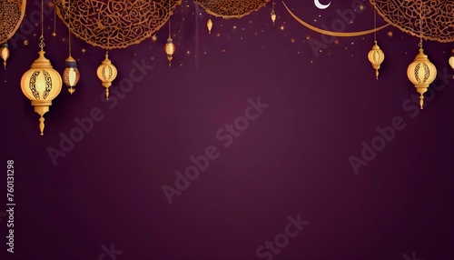 eid and ramadan islamic greeting card of crescent moon decoration and lanterns with copy space area banner created with generative ai	

