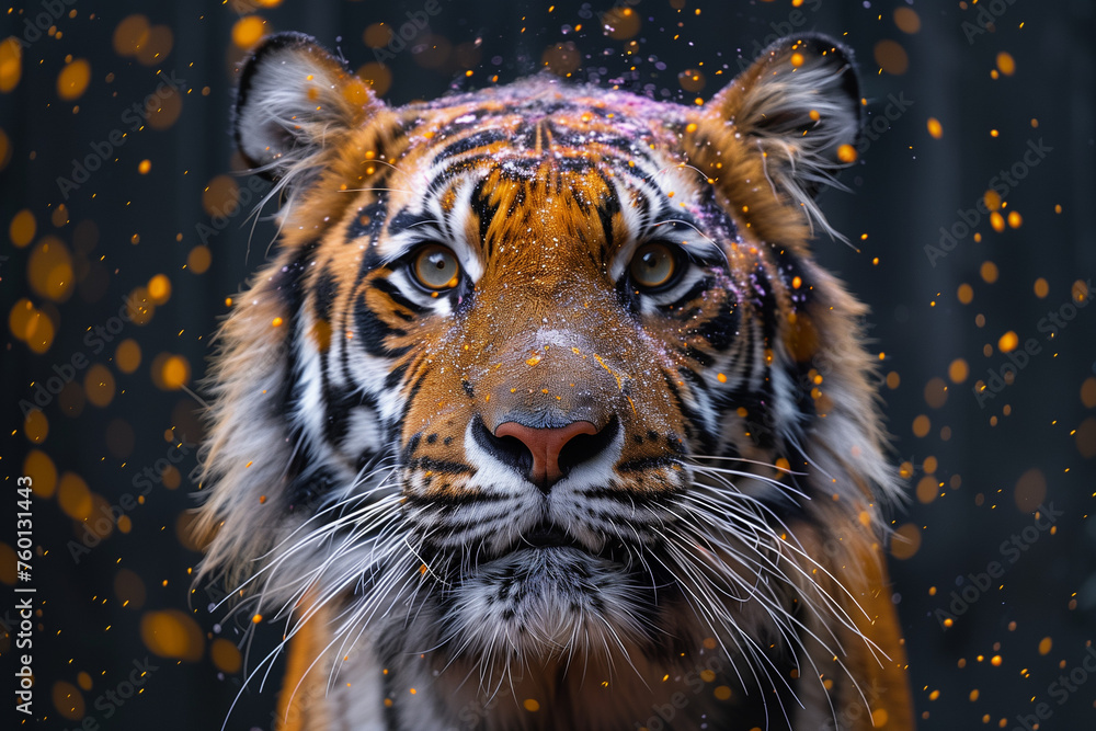 A close up of a Bengal tigers face getting the powder on his face, Holi Festival of Colors A close up of a Bengal tigers face getting the powder on his face, Holi Festival of Colors