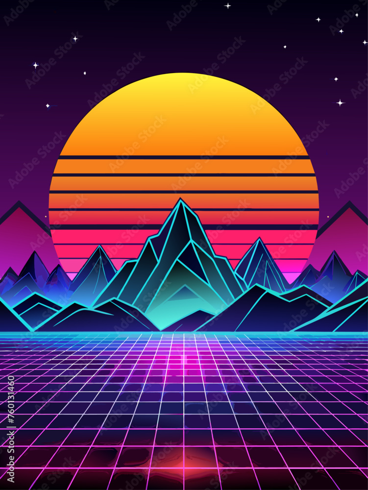 Retro wave vector landscape background with vibrant colors and geometric shapes.
