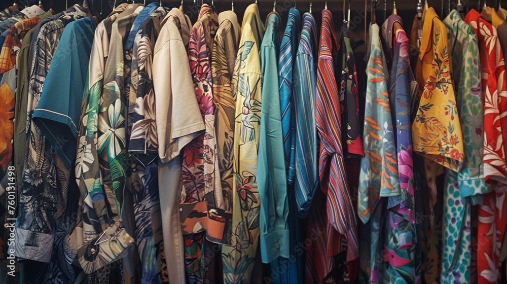 colorful clothes on hangers on the street at the store