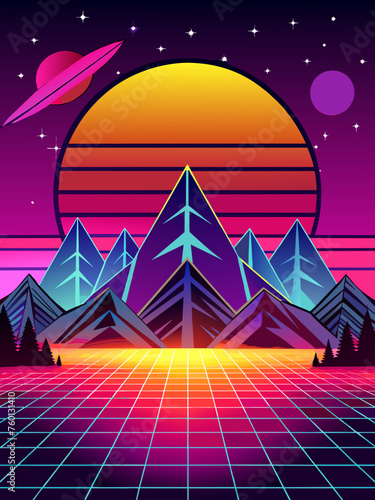 The retro vector landscape background creates a nostalgic and abstract ambiance with its vibrant and earthy colors  geometric shapes  and flowing textures.