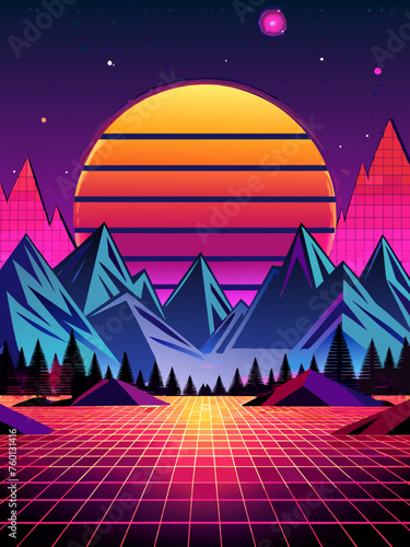 Vibrant retro vector landscape background with geometric shapes and bold colors.