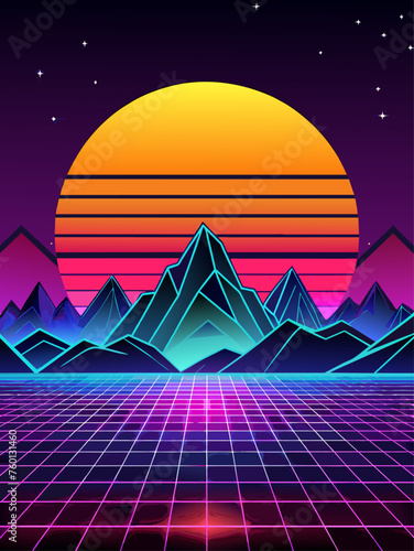Retro wave vector landscape background with vibrant colors and geometric shapes.