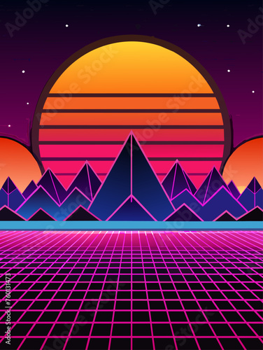 Retro wave vector landscape background featuring a vibrant sunset over a mountainous silhouette