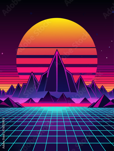 Retro wave vector landscape background with a vibrant sunset and geometric shapes.