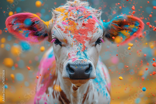Cow with colored paint on its face, reminiscent of Holi Festival of Colors