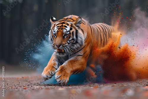 Bengal tiger in India running across dirt field near forest  Holi Festival of Colors