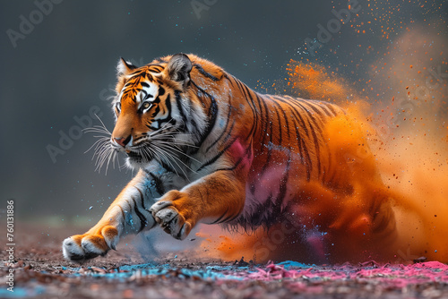 Bengal tiger running through vibrant dust at Holi Festival of Colors in India