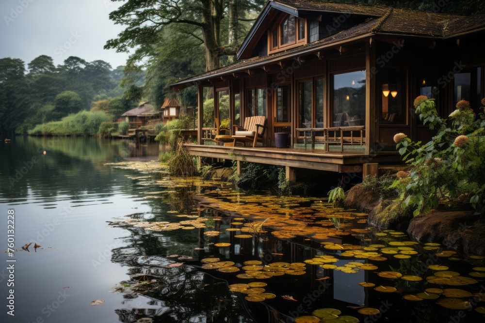 Wooden house by lake on dock, surrounded by trees and natural landscape