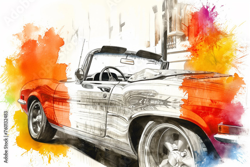 A red convertible car with a white stripe on the side