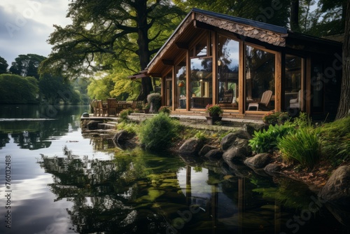 Wooden house on lake shore surrounded by trees natural landscape