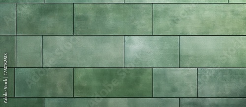 A close up of an Azure rectangular glass tile flooring in Aqua shades, creating a symmetrical pattern on the green tiled wall, showcasing various tints and shades of the material property