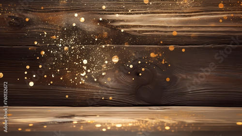 Wooden board surface with golden glitter wallpaper background