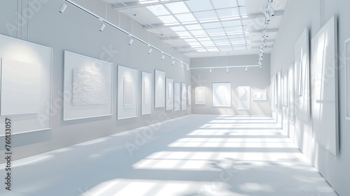 mockup of emoty wall frame poster in art gallery museum full of white paintings with spotlights and sunroof