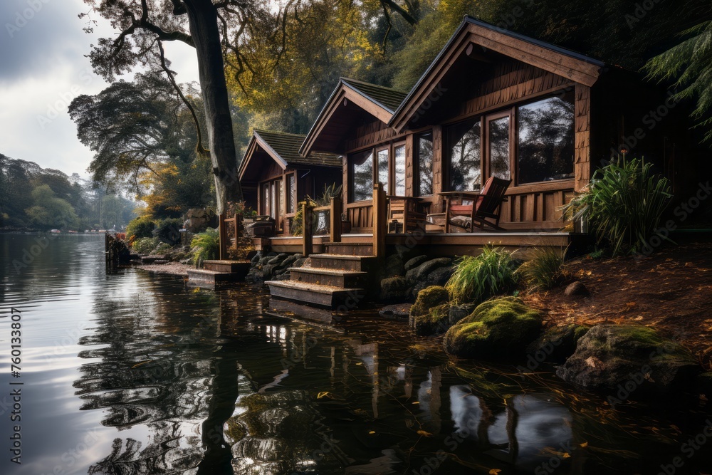 Wooden cabins by water, surrounded by trees and natural landscape