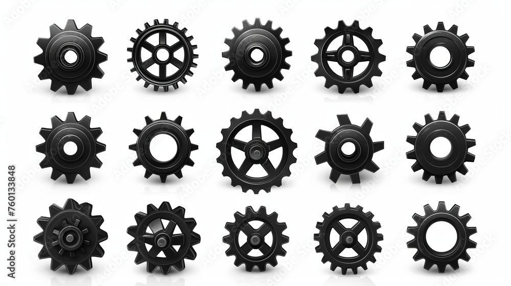 A set of various black gears and cogs isolated against a white background, showcasing industrial machinery parts A set of various black gears and cogs isolated against a white background, showcasing industrial machinery parts