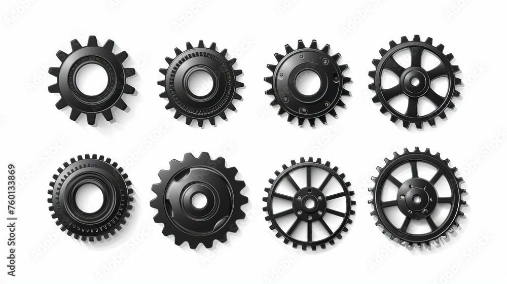 This image presents a collection of detailed 3D modeled gears with realistic shadows on a white backdrop This image presents a collection of detailed 3D modeled gears with realistic shadows on a white backdrop