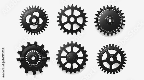 Set of seven isolated vector gears with intricate black design over a white background