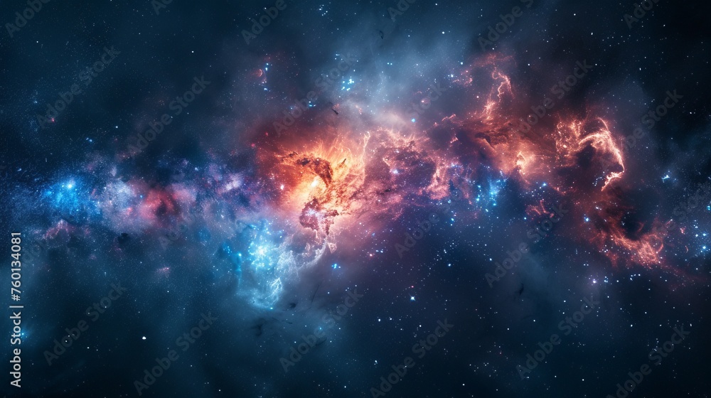 A mesmerizing depiction of a nebula with fiery red and cool blue tones forming an intricate star cluster - obrazy, fototapety, plakaty 