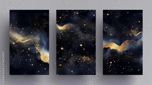 Three-panel set of abstract art mimicking a cosmic scenery with gold accents on a dark blue background