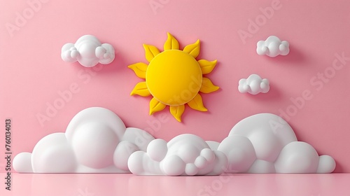 Cheerful Sun Character with Clouds on a Pink Background. Generative ai