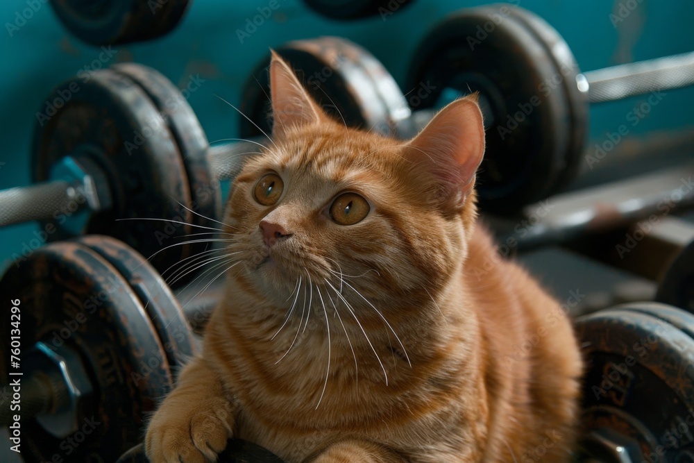 Cat in a gym fitness center, engaging in workout routine. Funny approach to healthy and active lifestyle for overweight cat. Physical fitness for domestic home animals. Cat in a gym fitness center, engaging in workout routine. Funny approach to healthy and active lifestyle for overweight cat. Physical fitness for domestic home animals.