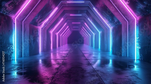 A stunning corridor stretching into the distance, lined with neon purple and blue lights, in a modern bunker setting