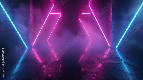 Pink and blue neon lights frame a fog-filled entrance, creating a mysterious and contemporary visual in a room