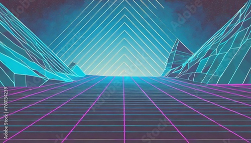 1980 s style abstract blue background with lines sci fi cyberpunk landscape retrowave backdrop photo