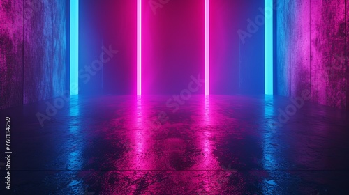 A striking visual of pink and blue neon lights reflecting on a wet floor in a dark, empty room
