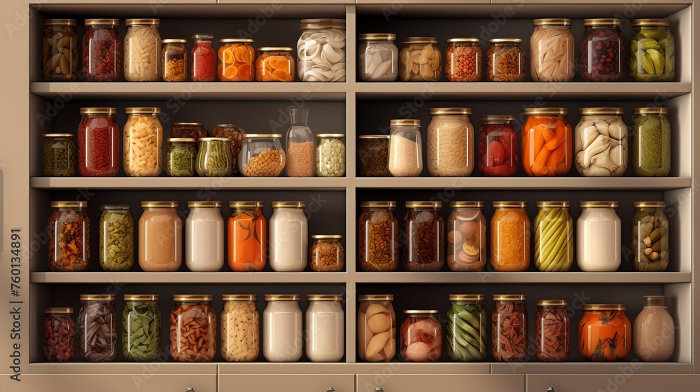 A neatly arranged pantry showcasing labeled jars filled with various dry goods, creating a harmonious and organized space
