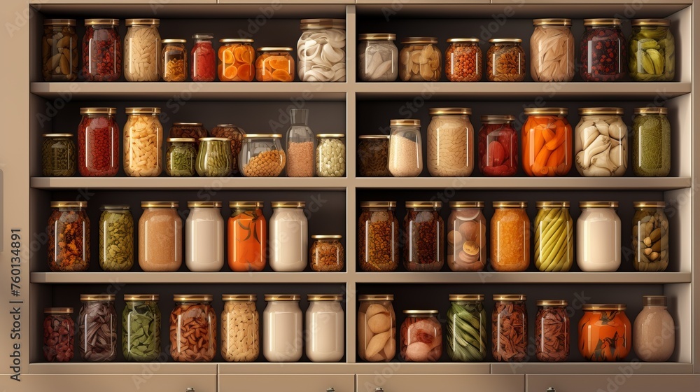 A neatly arranged pantry showcasing labeled jars filled with various dry goods, creating a harmonious and organized space A neatly arranged pantry showcasing labeled jars filled with various dry goods, creating a harmonious and organized space