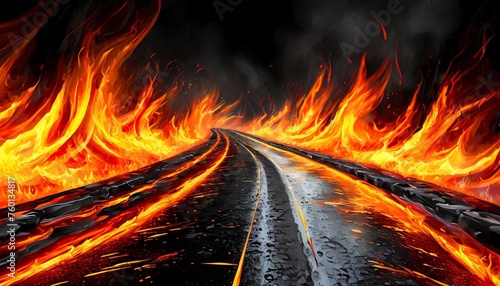 abstract black background with wet long road on fire blazing flames generation