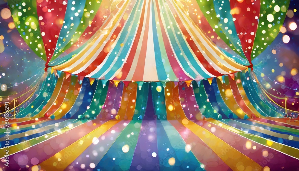 colorful multi colored circus tent background and twinkling lights with space for copy