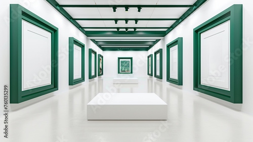An expansive white art gallery displaying empty blank mock-up posters in rich, forest green frames. 