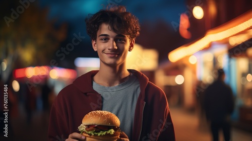 A happy adolescent male wearing a hoodie showcases a burger against a nighttime street backdrop
