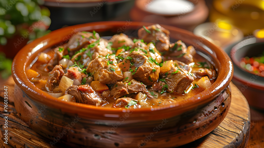 Savory lamb stew in traditional clay pot Savory lamb stew in traditional clay pot