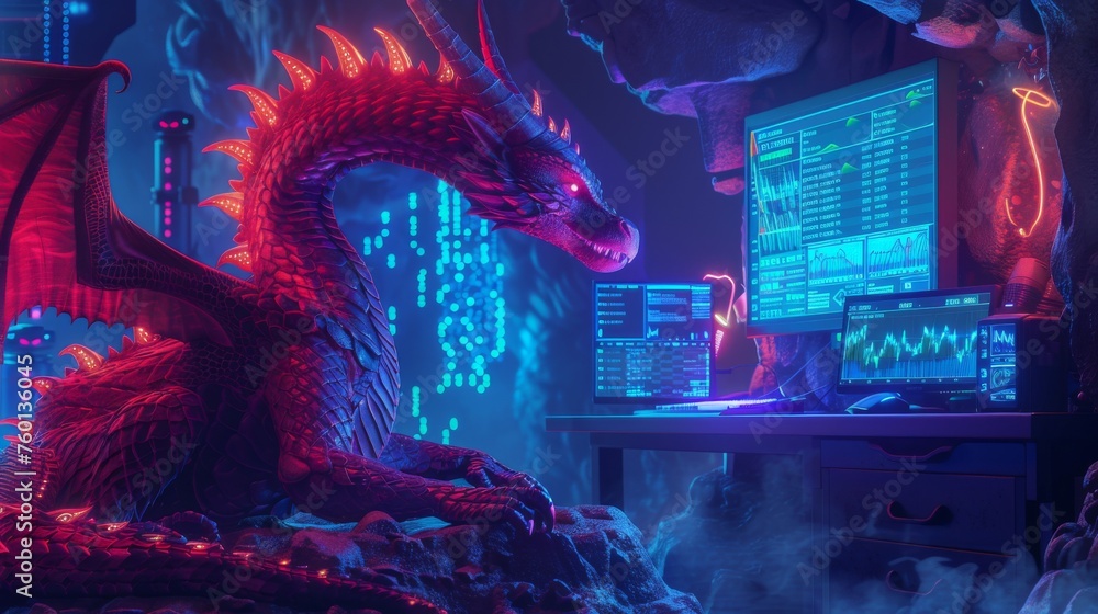 A dragon using a computer to mine Bitcoin minimalist cave - obrazy, fototapety, plakaty 
