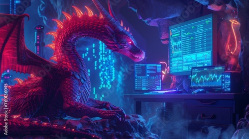 A dragon using a computer to mine Bitcoin minimalist cave