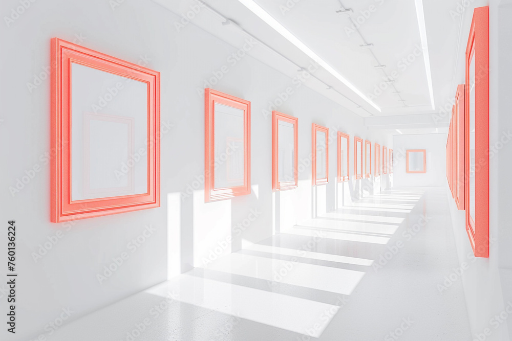 A bright, white art gallery with empty blank mock-up posters encased in frames of a muted coral shade. The coral frames add a subtle warmth to the space, perfectly balanced by the soft,