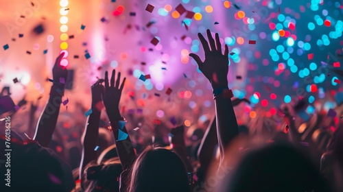 The image captures a vibrant, lively crowd with hands raised enjoying a live music concert under the night sky, illuminated by stage lights and confetti