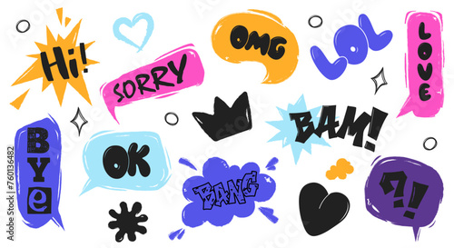 Set of hand drawn groovy speech bubble stickers. Comic balloon chat messages in grunge style, dialogue cloud print. Cartoon conversation emotional sounds. Trendy and retro font lettering photo