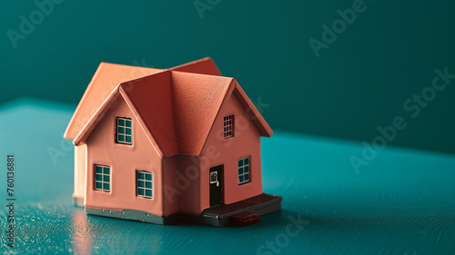 A muted apricot miniature house, embodying warmth and softness, on a deep teal surface.