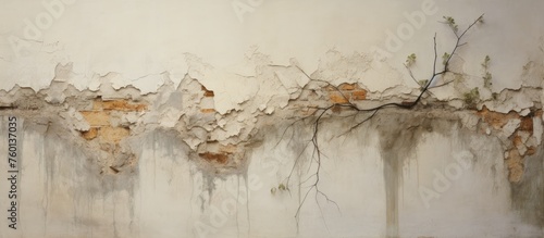 A beautiful painting of a tree branch on a white wall, showcasing intricate details of the wood, twig, and natural landscape. The art captures the essence of a freezing landscape event