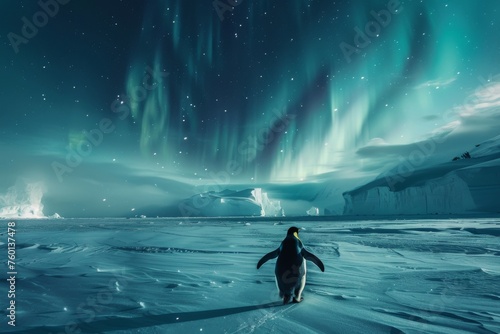 A penguin ice skating minimalist Antarctic ice