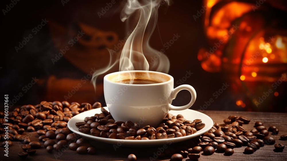 A warm cup of coffee with a gentle backdrop flame, providing a sense of coziness amid coffee beans A warm cup of coffee with a gentle backdrop flame, providing a sense of coziness amid coffee beans